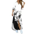 Spentoper Women Fashion Print Button Irregular Hem Dress Loose Turndown