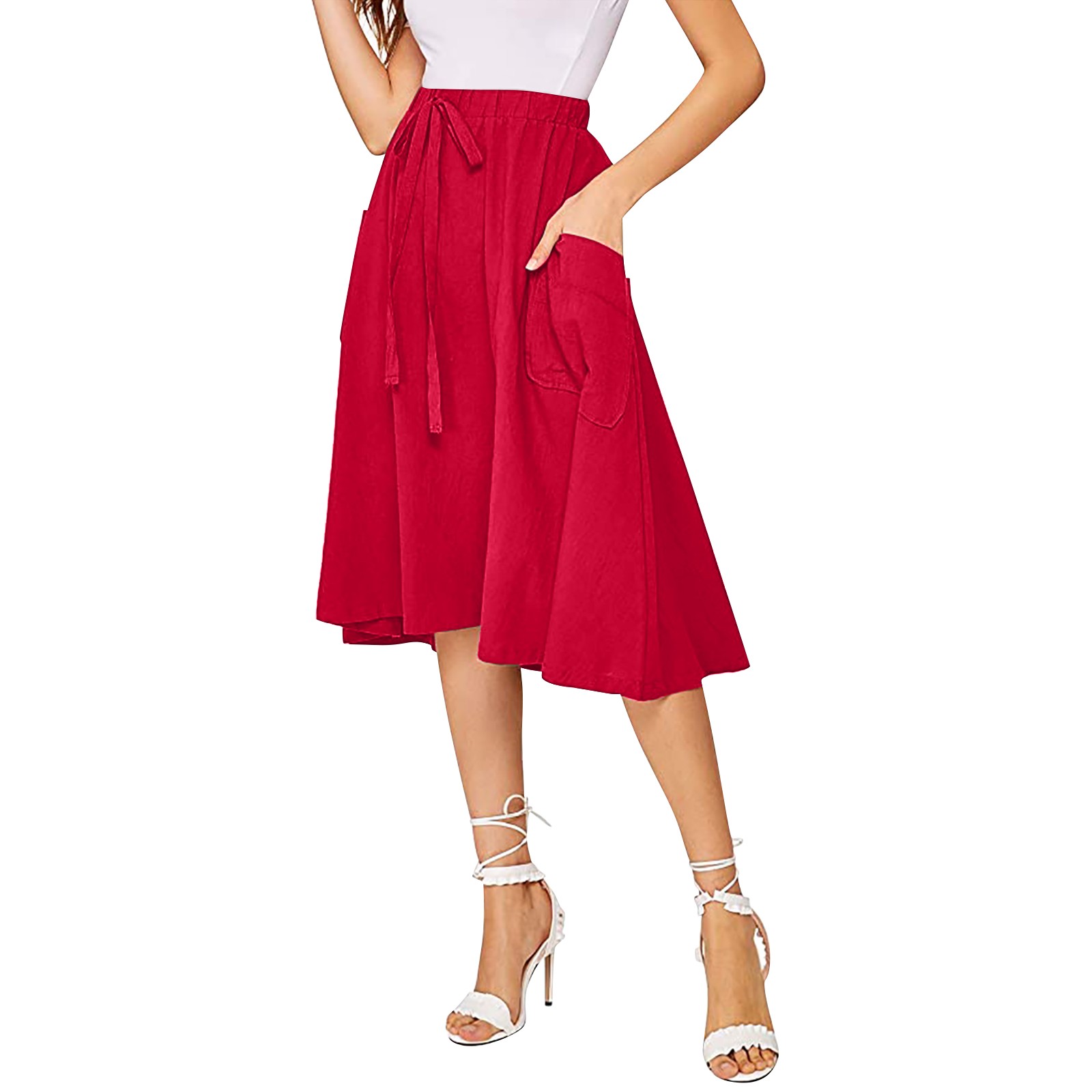 Spentoper Women's Casual High Waist Pleated A Line Midi Skirt With ...