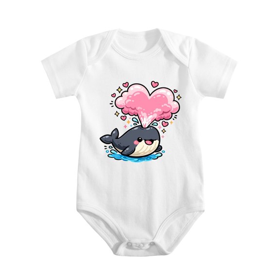 Sperm Whale Blows Pink Heart Cloud Baby Bodysuit, 100% Cotton Short Sleeve Snap Romper, 0-12 Months