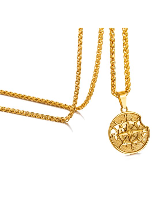 Speroto Compass Necklace for Men, Carved Coin Men's Round Lost Compass Pendant Necklace with Wheat Chain Gold 20 inch