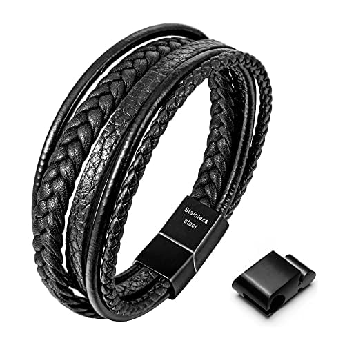 Speroto Mens Bracelet, Adjustable Mens Leather Bracelet with Stainless Steel Clasp, Multi-Layer Braided Genuine Leather Bracelet for Men and Women