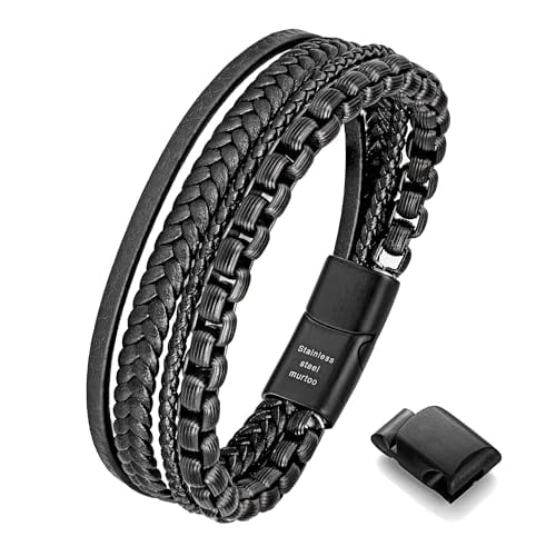 Speroto Mens Bracelets,Leather and Steel Bracelets, Chain Bracelets with Clasp,Steel Bracelets for Men