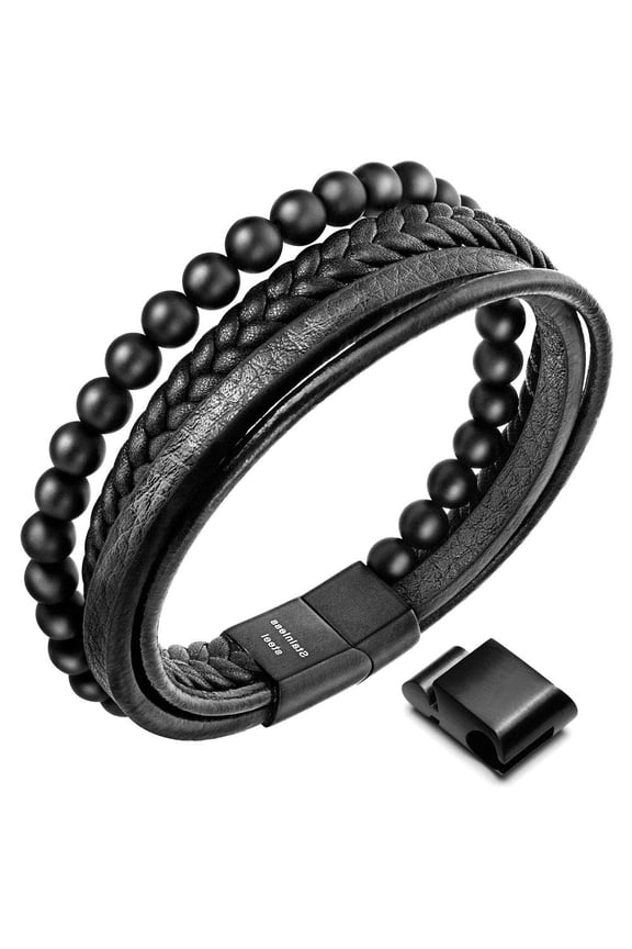 Speroto New Mens Bracelet Bead and Leather Braided, Lava and Onyx Bead Leather Bracelet for Men, Customize Service for Customer