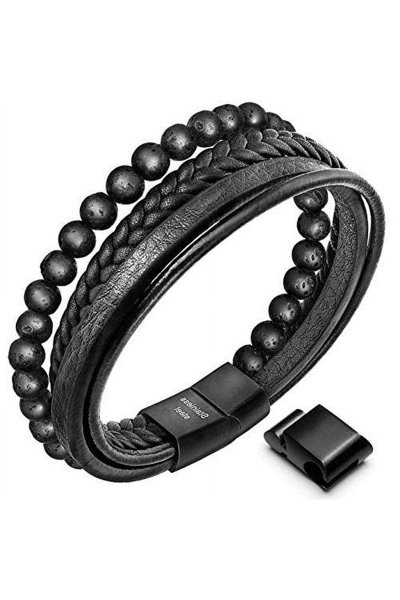 Speroto New Mens Bracelet Bead and Leather Braided, Lava and Onyx Bead Leather Bracelet for Men