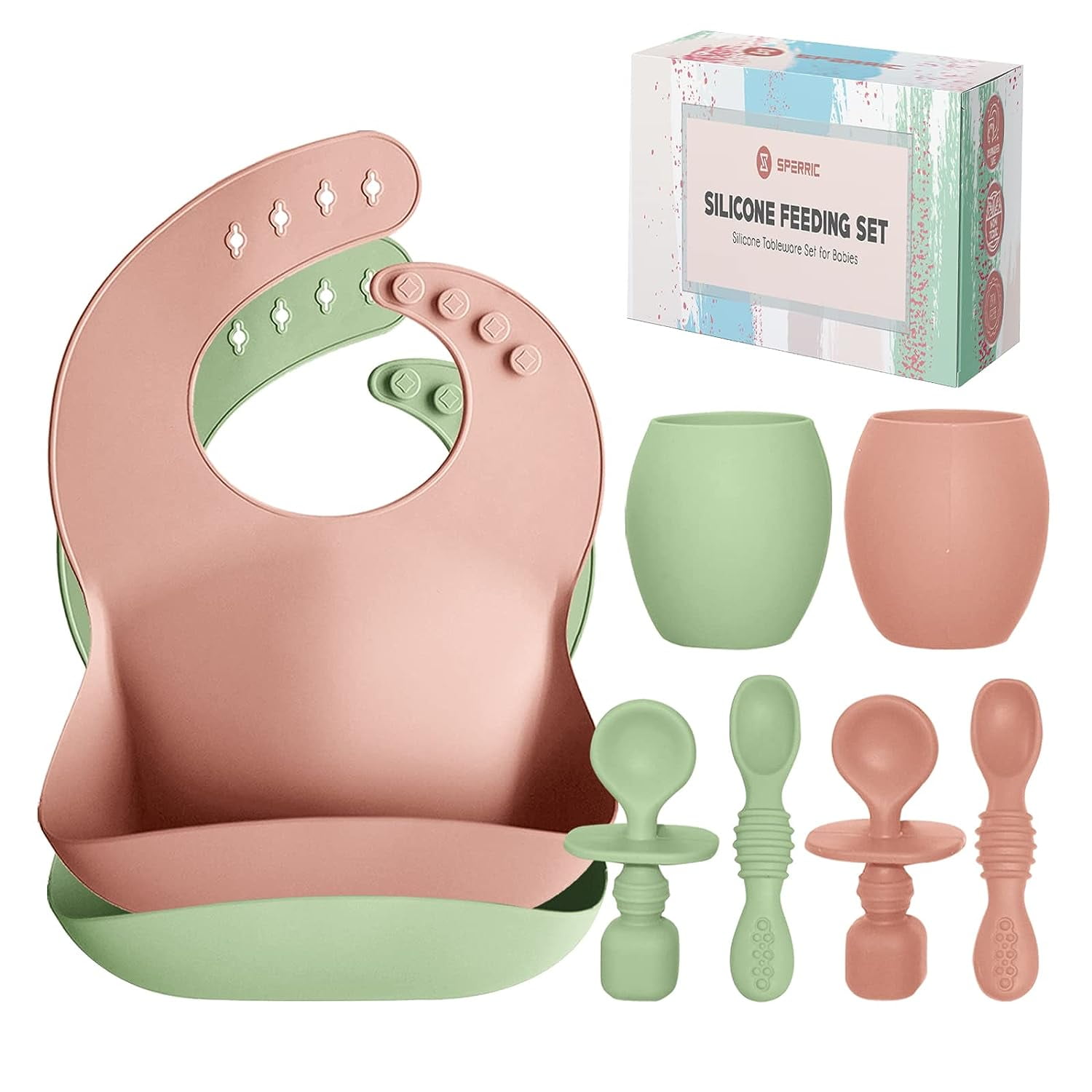 Ginbear Silicone Bibs For Babies, Waterproof Adjustable Silicon Rubber Baby Feeding Bibs With Food Catcher Pocket For Toddlers 6 Months (Dark Sage/Almond - View #4