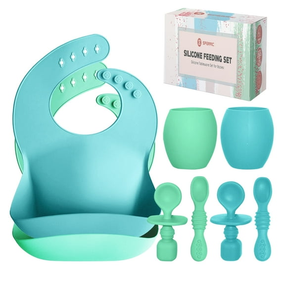 Sperric Baby Led Weaning Silicone Feeding Set of 8 - Best Bibs, Spoons, and Drinking Cups - for Boys, Girls, Toddlers, and Baby Led Weaning