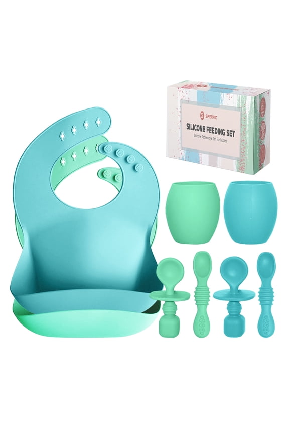 Baby Led Weaning Silicone Feeding Set of 8 - Best Bibs, Spoons, and Drinking Cups - for Boys, Girls, Toddlers, and Baby Led Weaning