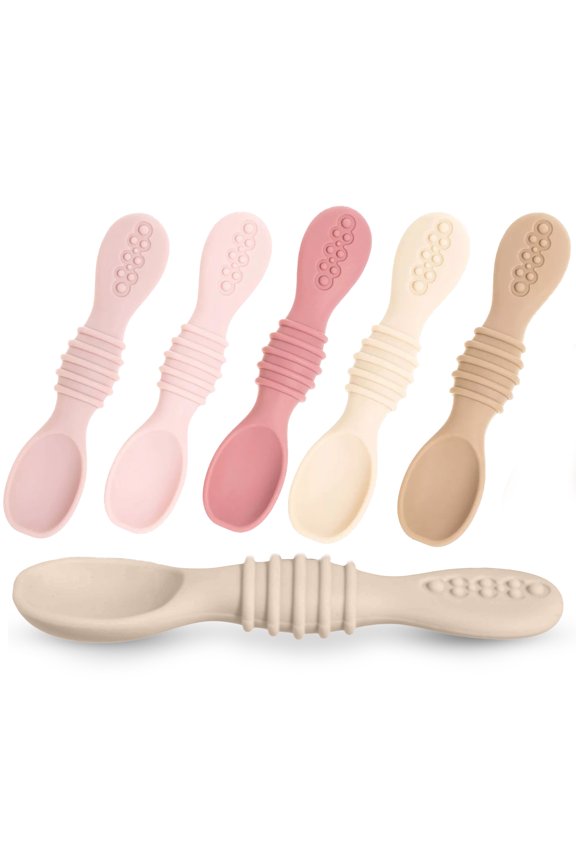 Baby Spoons Self Feeding Spoons - 6+ Months, Infant Spoons First Stage, Baby Led Weaning BPA Free Teething Spoons, Pink