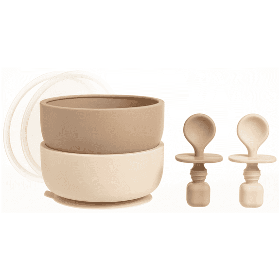 Sperric Silicone Baby Feeding Set - Infant Suction Bowls with Lids and Spoons | BPA Free Toddler Self Feeding Utensils for 0-6 Months, Tan
