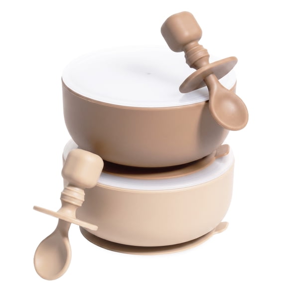 Sperric Silicone Baby Feeding Set - Infant Suction Bowls with Lids and Spoons | BPA Free Toddler Self Feeding Utensils for 0-6 Months, Tan