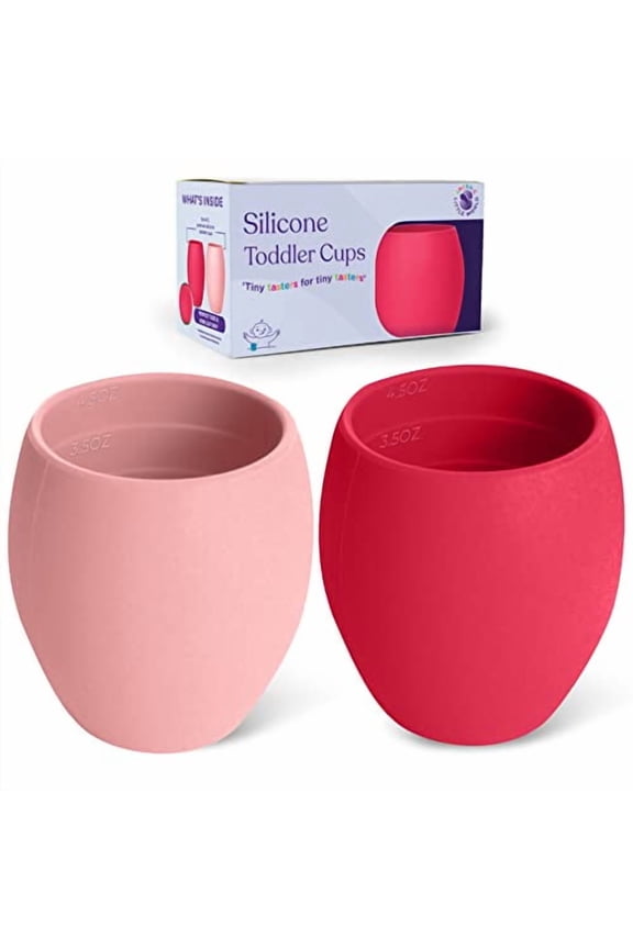 Silicone Mini Cups For Toddlers Baby Drinking Training Cup (2 Pack) 4.5 OZ (Dark & Light Pink)