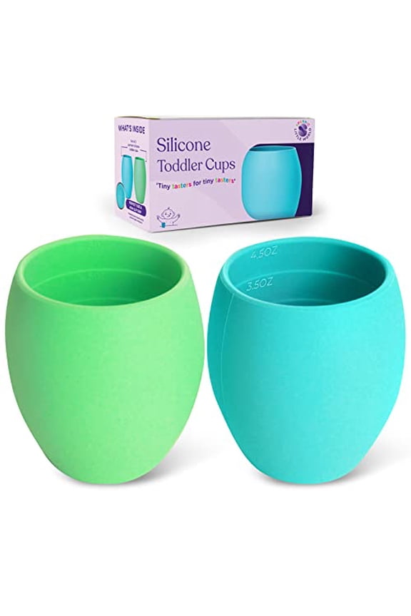 Silicone Mini Cups For Toddlers Baby Drinking Training Cup (2 Pack) 4.5 OZ (Green & Blue)