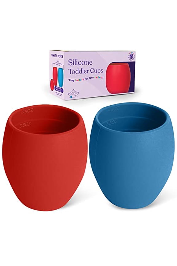 Silicone Mini Cups For Toddlers Baby Drinking Training Cup (2 Pack) 4.5 OZ (Red & Blue)