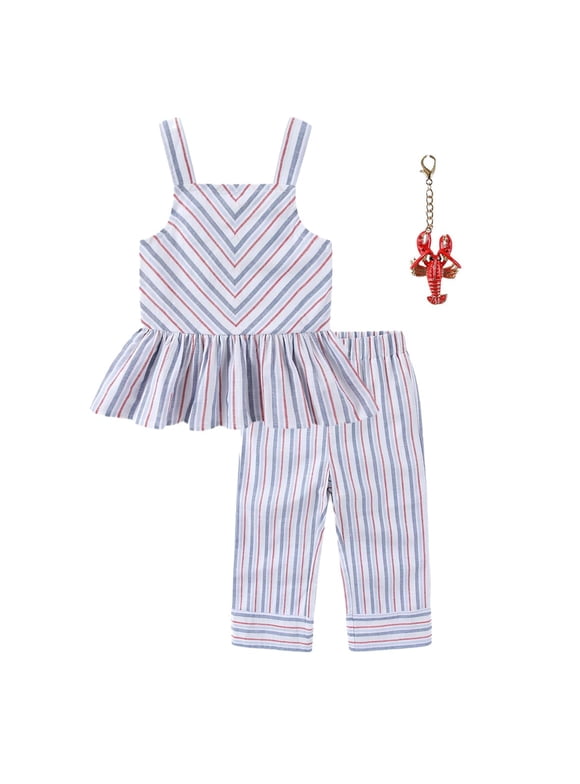 Striped Faux Linen Peplum Top and Pants Set with Bag Charm (Girls), 3 Piece Set, Sizes 4-10