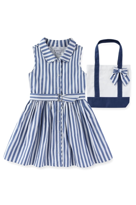 Striped Poplin Shirt Dress with Canvas Tote Bag (Girls), 2 Piece Set, Sizes 4-10