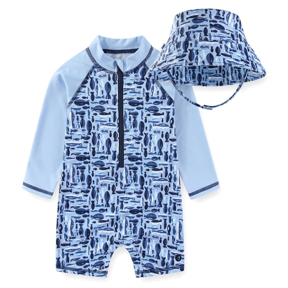 Sperry UPF 50+ Rash Guard One Piece Swimsuit Bathing Suit with Bucket Sun Hat (Baby Boys), 2 Piece Set, Sizes 12M-24M