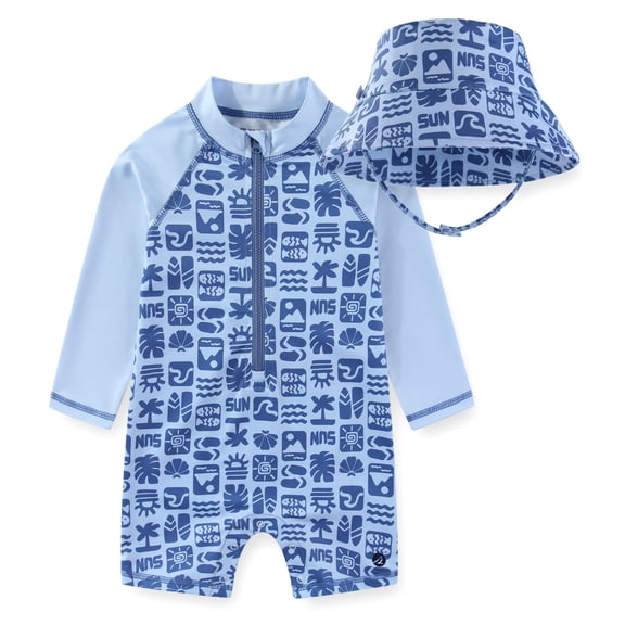 Sperry UPF 50+ Rash Guard One Piece Swimsuit Bathing Suit with Bucket Sun Hat (Baby Boys), 2 Piece Set, Sizes 12M-24M