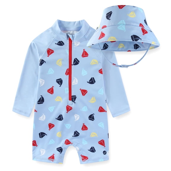 Sperry UPF 50+ Rash Guard One Piece Swimsuit Bathing Suit with Bucket Sun Hat (Baby Boys), 2 Piece Set, Sizes 12M-24M