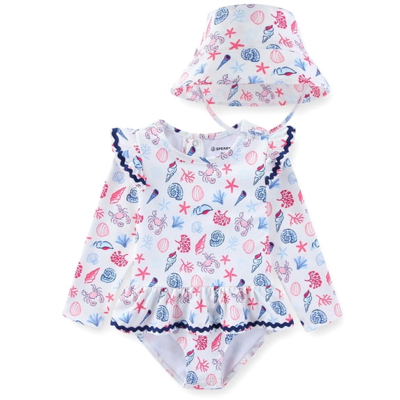 Sperry UPF 50+ Rash Guard One Piece Swimsuit Bathing Suit with Bucket Sun Hat (Baby Girls), 2 Piece Swimwear Set, Sizes 12M-24M