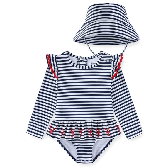 Sperry UPF 50+ Rash Guard One Piece Swimsuit Bathing Suit with Bucket Sun Hat (Baby Girls), Sizes 12M-24M