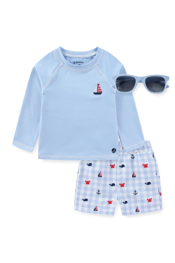 UPF 50+ Rash Guard and Swim Trunks with Sunglasses Swimwear Set (Boys), 3 Piece Set, Sizes 12M-4T