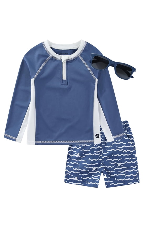 UPF 50+ Rash Guard and Swim Trunks with Sunglasses Swimwear Set (Boys), 3 Piece Set, Sizes 12M-4T