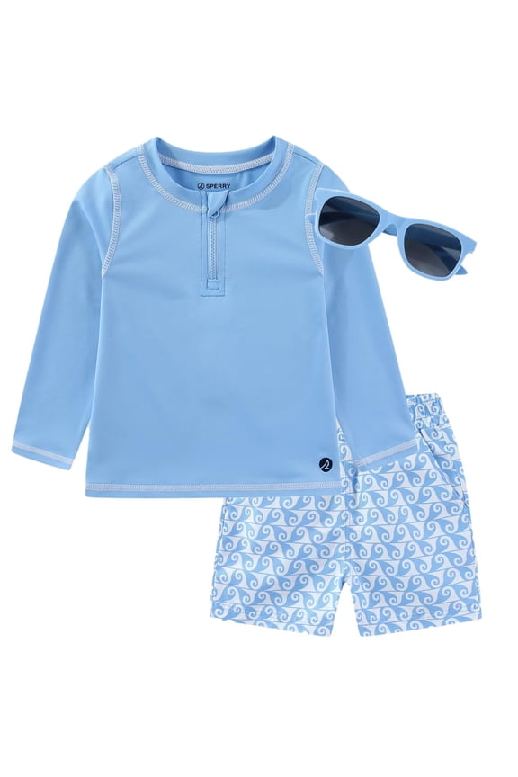 UPF 50+ Rash Guard and Swim Trunks with Sunglasses Swimwear Set Swimsuit (Boys), 3 Piece Set, Sizes 12M-4T