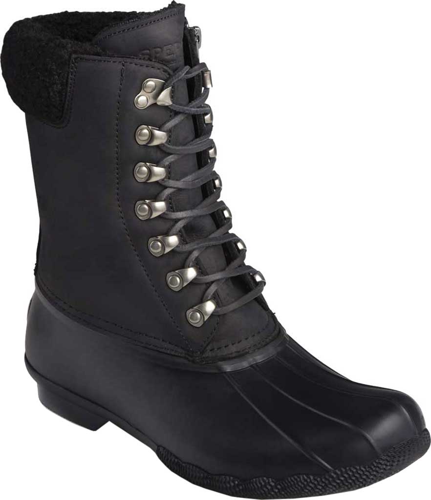 Sperry womens Saltwater Tall Leather Cozy Rain Boot, Black, 7 US