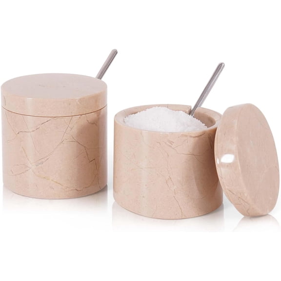 Radicaln Handmade Verona Marble Salt Box Set of 2 with Lids & Spoons – 3" Stone Jars for Salt, Sugar, Spices – Rustic Farmhouse Kitchen Countertop Décor