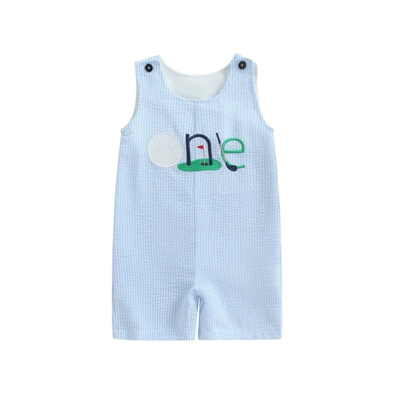 Spewahor 0-18 Months Infant Baby Boy Summer Romper Golf Number Embroidery Sleeveless Round Neck Stripe Jumpsuit