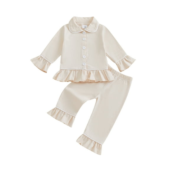Spewahor 0-6T Kids Baby Girls Spring Fall Pajama Sets Long Sleeve Lapel Ruffle Trim Button Up Shirt Pants Sleepwear