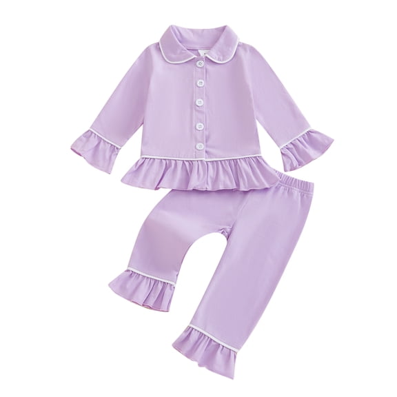 Spewahor 0-6T Kids Baby Girls Spring Fall Pajama Sets Long Sleeve Lapel Ruffle Trim Button Up Shirt Pants Sleepwear