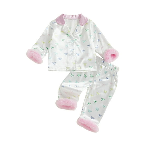 Spewahor 1-5T Kids Baby Girl Fall Satin Pajamas Set Bow Print Lapel Long Sleeve Button Down Tops with Pants Feather Cuffs Sleepwear