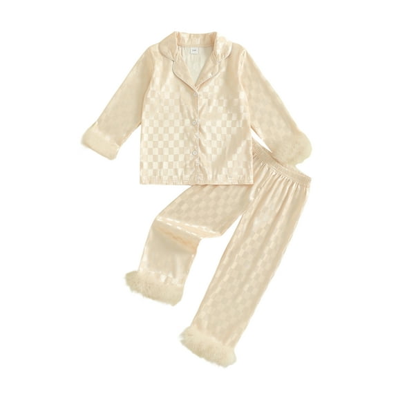 Spewahor 1-5T Kids Baby Girls Plaid Pajamas Sets Fashionable Fur Trim Lapel V Neck Long Sleeve Tops with Pants 2Pcs Sleepwear