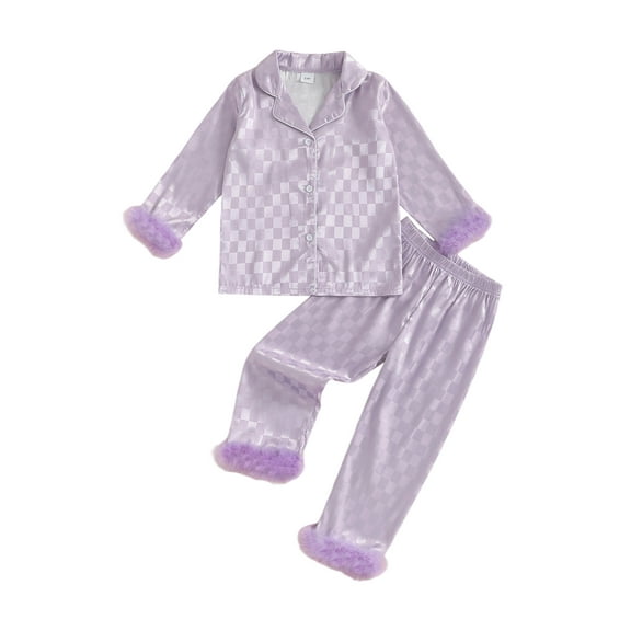 Spewahor 1-5T Kids Baby Girls Plaid Pajamas Sets Fashionable Fur Trim Lapel V Neck Long Sleeve Tops with Pants 2Pcs Sleepwear