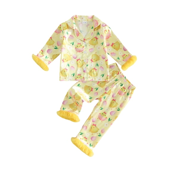 Spewahor 1-7T Kids Baby Girls Easter Pajamas Sets Long Sleeve Lapel V Neck Button Down Chick Egg Print Tops and Elastic Waist Pants