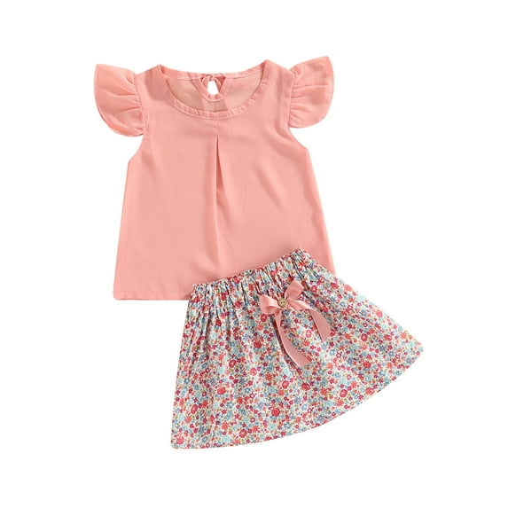 Spewahor 2PCS Toddler Girls Summer Outfits, Fly Sleeve Solid Color T-Shirt + Floral Mini Skirt Set 1-5T