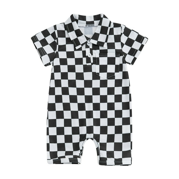 Spewahor Baby Boy Girl Checkered Romper Lapel Neck Short Sleeve Shorts Jumpsuit Casual Summer Clothes 0-18M