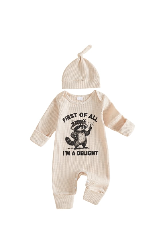 Baby Boy Jumpsuit and Hat Set Long Sleeve Racoon Print Romper with Cap