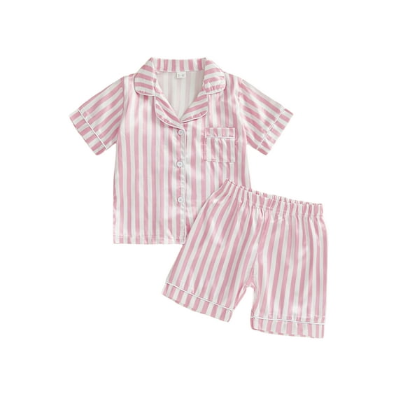 Spewahor Baby Boys Girl Satin Pajamas Set Short Sleeve Turn Down Collar Striped Tops with Elastic Waist Shorts Sleepwear