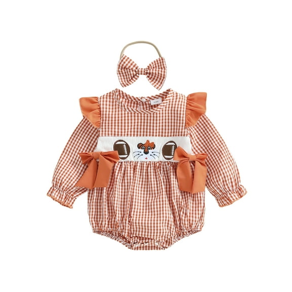 Spewahor Baby Girl Fall Outfits Bows Animal Rugby Embroidered Plaid Crew Neck Long Sleeve Romper and Bow Headband 2 Pcs Set