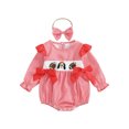 thumbnail image 1 of Spewahor Baby Girl Fall Outfits Bows Animal Rugby Embroidered Plaid Crew Neck Long Sleeve Romper and Bow Headband 2 Pcs Set, 1 of 9