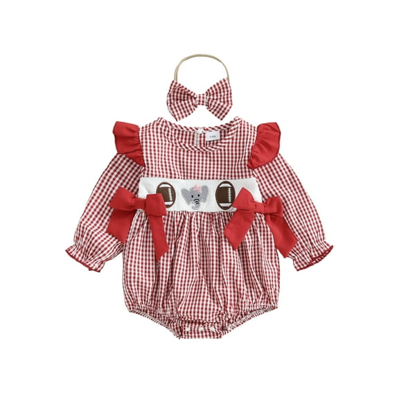 Spewahor Baby Girl Fall Outfits Bows Animal Rugby Embroidered Plaid Crew Neck Long Sleeve Romper and Bow Headband 2 Pcs Set