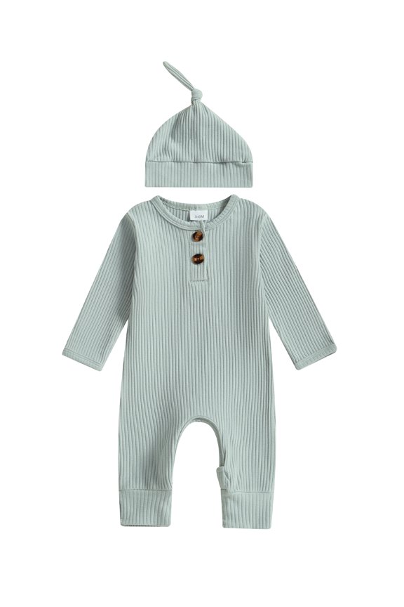 Baby Girls Boys Spring Autumn Romper Long Sleeve Crew Neck Solid Color Ribbed Button Jumpsuit with Hat