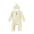 thumbnail image 1 of Spewahor Baby Girls Boys Spring Autumn Romper Long Sleeve Crew Neck Solid Color Ribbed Button Jumpsuit with Hat, 1 of 9