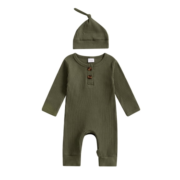 Spewahor Baby Girls Boys Spring Autumn Romper Long Sleeve Crew Neck Solid Color Ribbed Button Jumpsuit with Hat