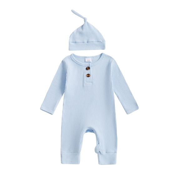 Spewahor Baby Girls Boys Spring Autumn Romper Long Sleeve Crew Neck Solid Color Ribbed Button Jumpsuit with Hat