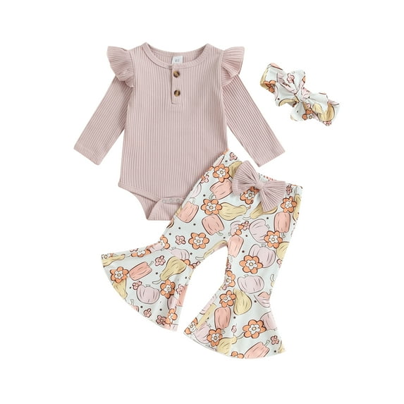 Spewahor Baby Girls Fall Outfit, 3 6 12 18M Infant Romper with Pumpkin Print Flare Pants and Headband Halloween Clothes