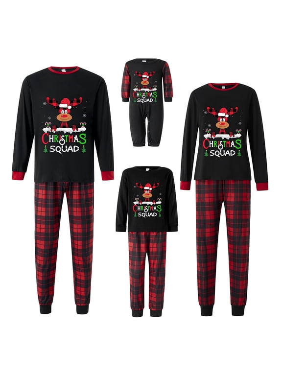 Christmas Pajamas for Family Long Sleeve Cartoon Elk Print Tops + Buffalo Plaid Pants Set Winter Sleepwear