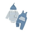 thumbnail image 1 of Spewahor Infant Baby Boy Fall Clothing Sets 0 3 6 9 12 18 Months Fashionable Long Sleeve Striped Romper with Overalls and Hat 3Pcs Fall Outfits, 1 of 9